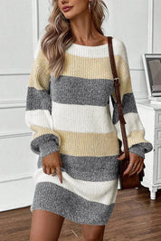 Eleanor Wood | Striped Colourblock Bubble Sleeve Sweater Dress