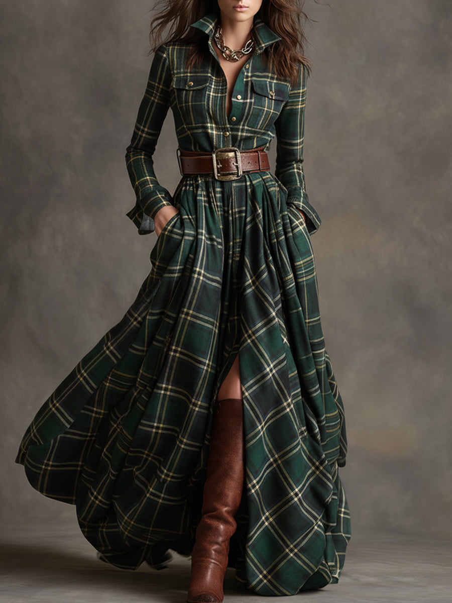 Cecily Hartwood | Robe-chemise longue à carreaux tartan verts avec ceinture