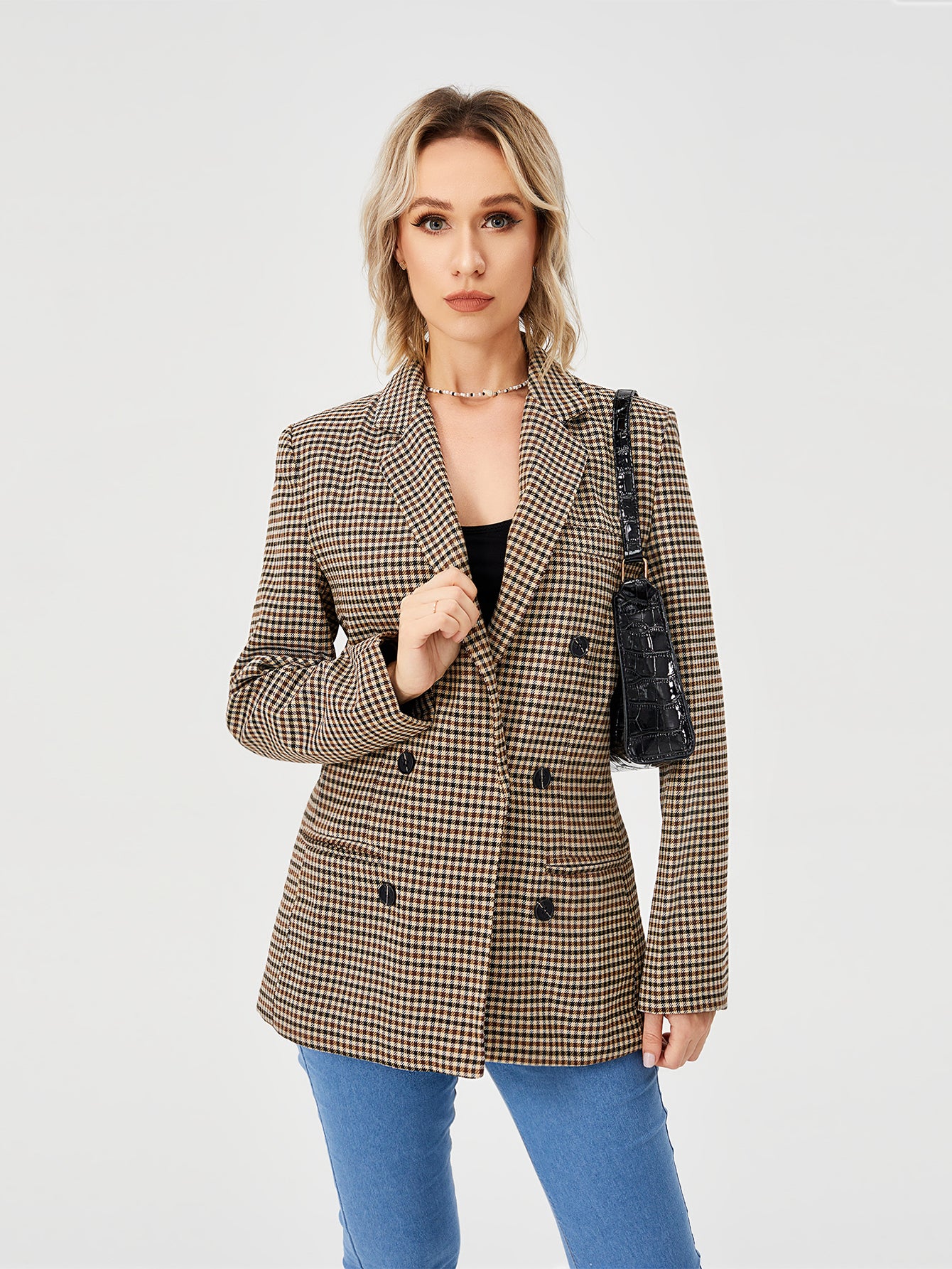 Charlotte Bennett | Houndstooth Work Jacket With Double-Breasted Lapel