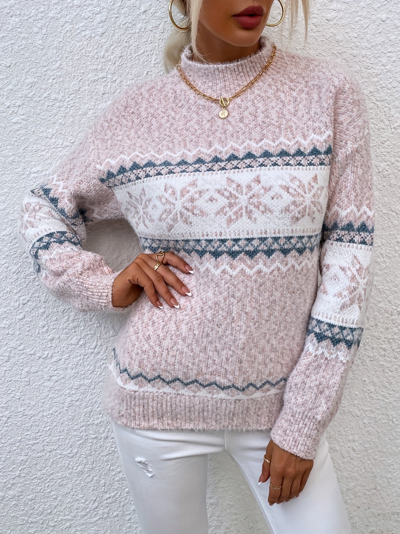 Bridget Faulkner | Cozy Snowflake Mock-Neck Sweater
