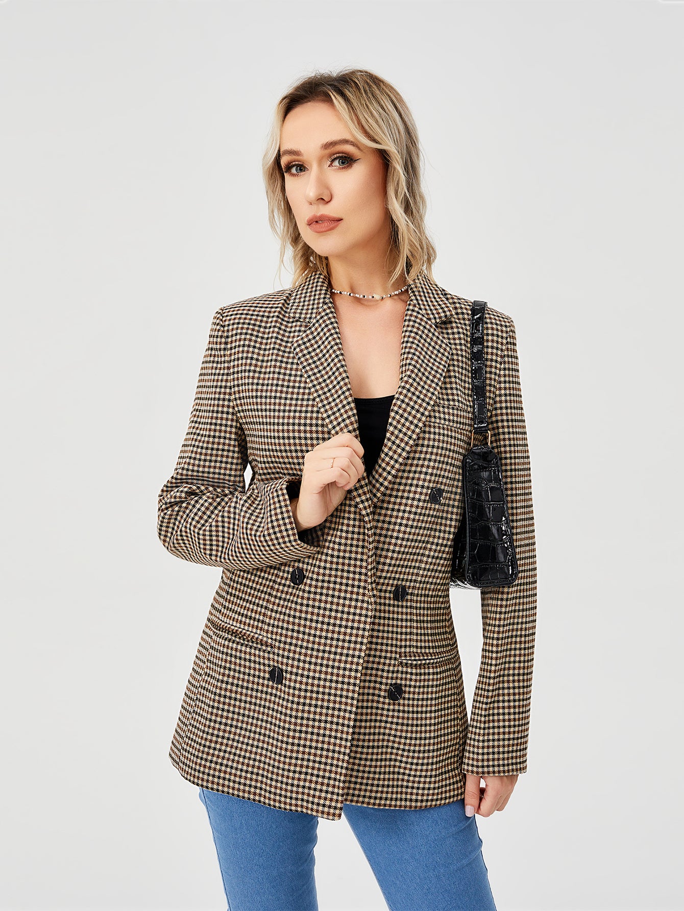 Charlotte Bennett | Houndstooth Work Jacket With Double-Breasted Lapel