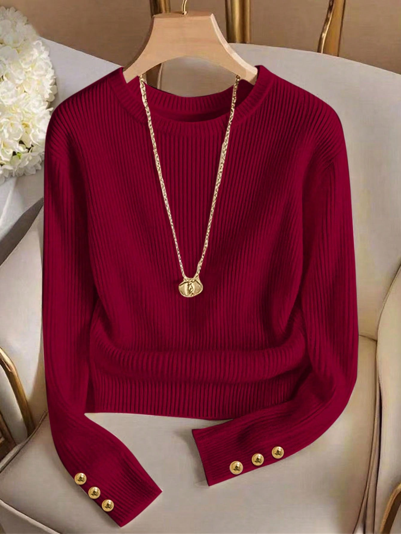 Imogen Clarke | Ribbed Knit Button-Cuff Sweater