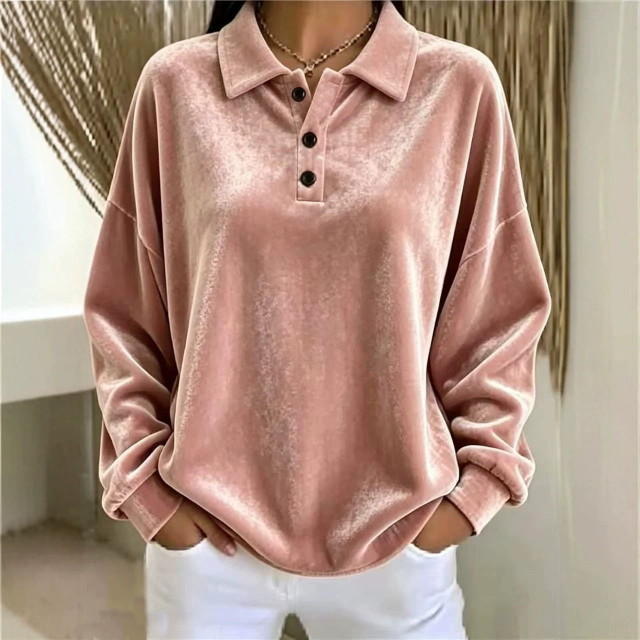 Victoria Cooper | Pink Velvet Long-Sleeve Polo Shirt