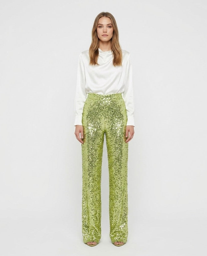 Lydia Baker | Green Sequin High-Waist Wide-Leg Party Trousers