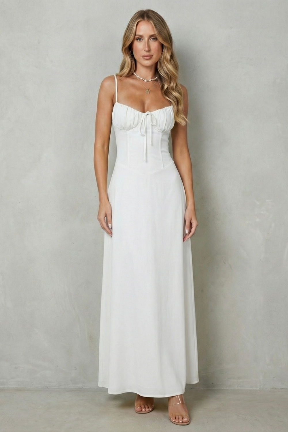 Elspeth Fairwood | Butter Yellow Corset Maxi Dress with Ruched Tie Bust