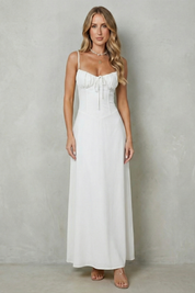 Elspeth Fairwood | Butter Yellow Corset Maxi Dress with Ruched Tie Bust