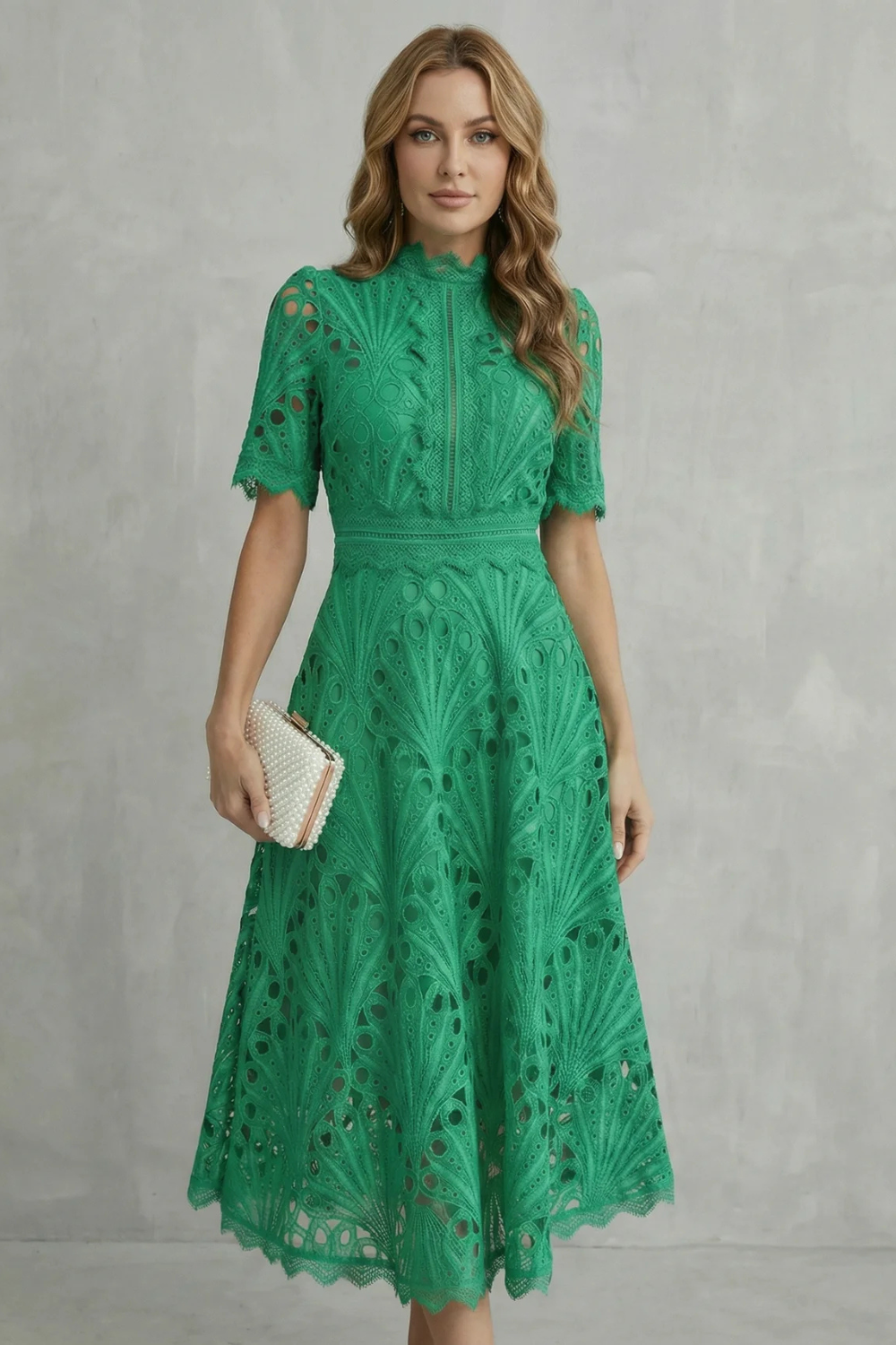 Cecily Hartwood | Hot Pink Lace High-Neck Midi Dress