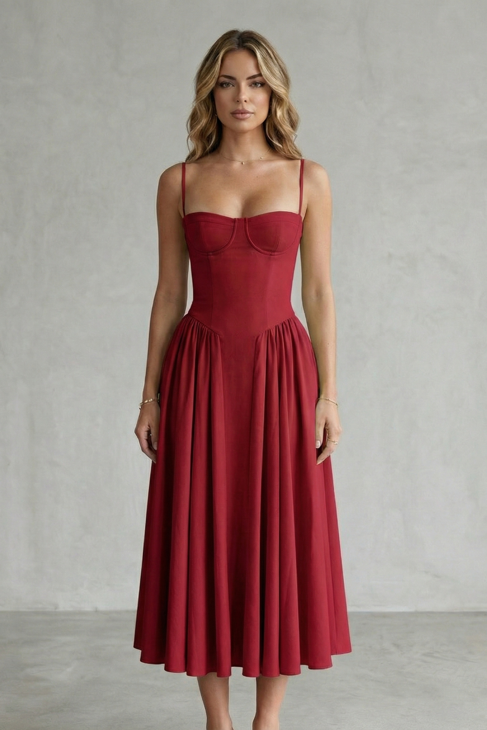 Imogen Hall | Sage Green Corset Midi Dress with Pleated Skirt