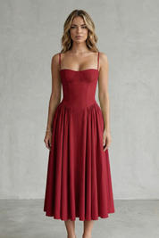 Imogen Hall | Sage Green Corset Midi Dress with Pleated Skirt