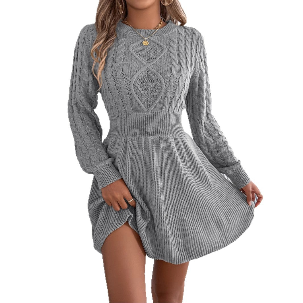 Daisy Hall | Grey Cable Knit Fit-and-Flare Sweater Dress