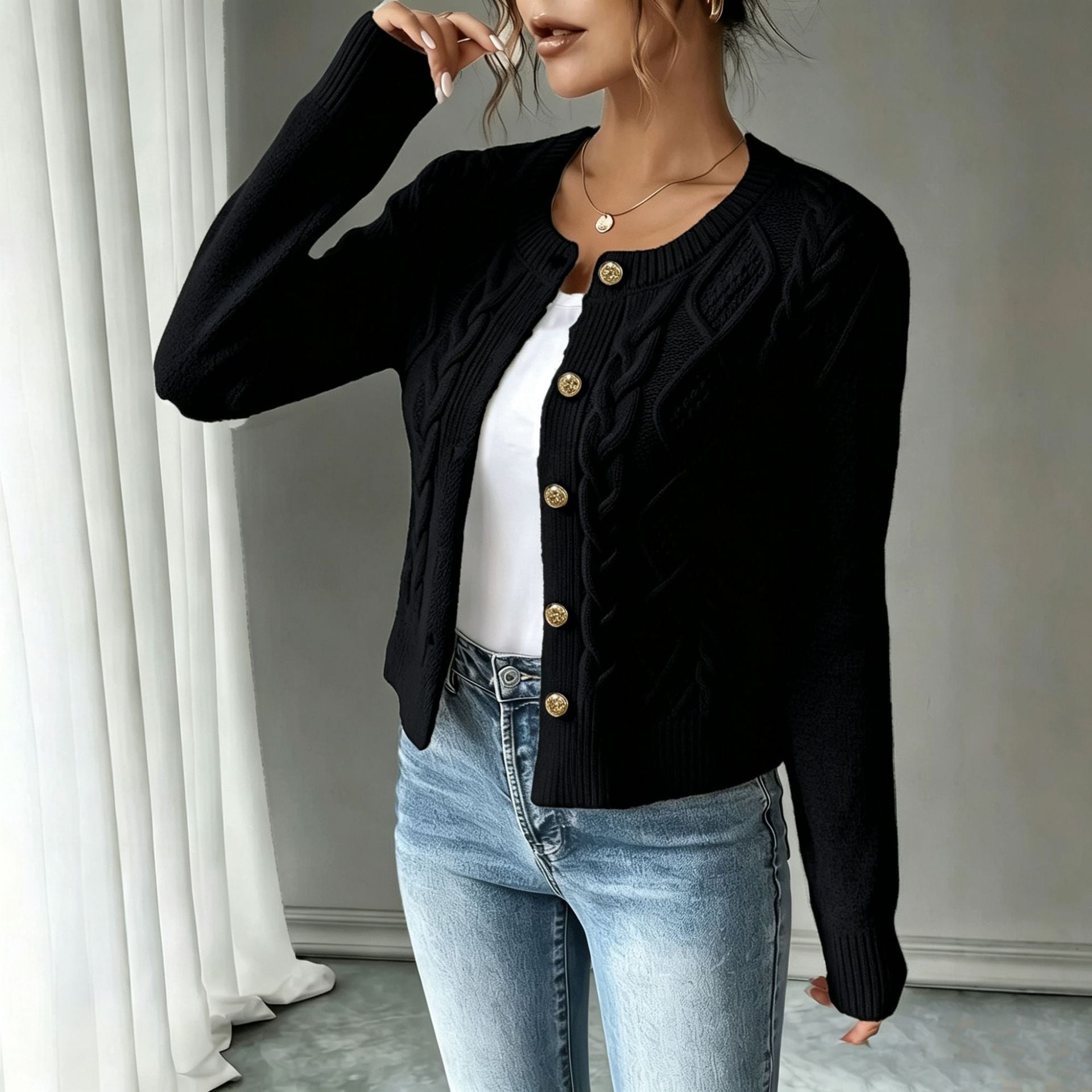 Beatrix Blackwood | Navy Cable-Knit Button Cardigan