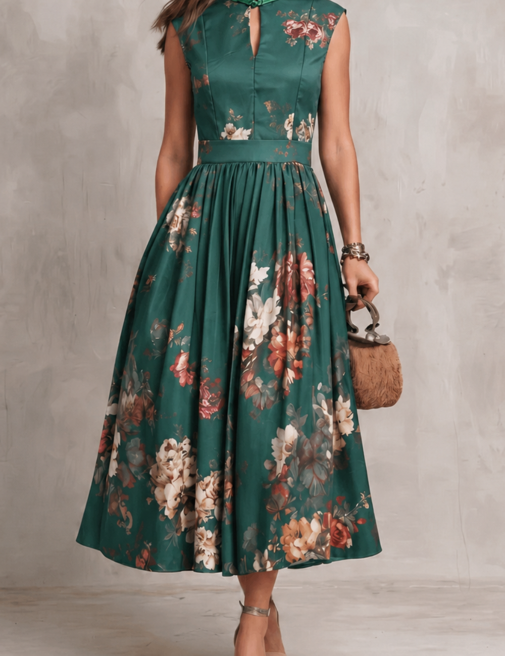 Iris Sutton | Black Floral Satin Midi Dress with Keyhole Neckline