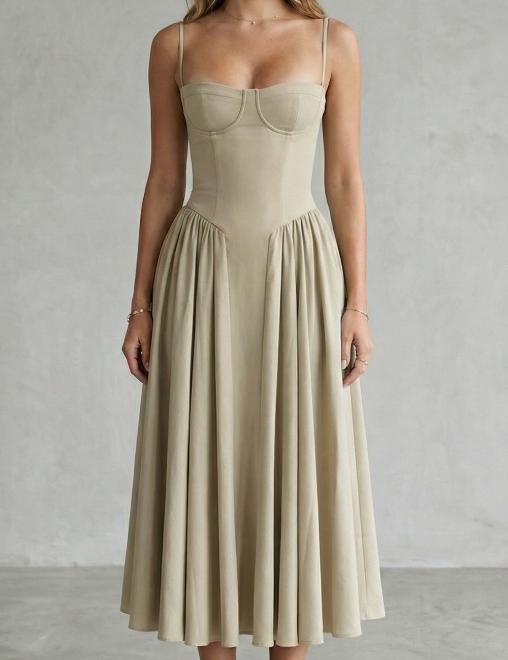 Imogen Hall | Sage Green Corset Midi Dress with Pleated Skirt
