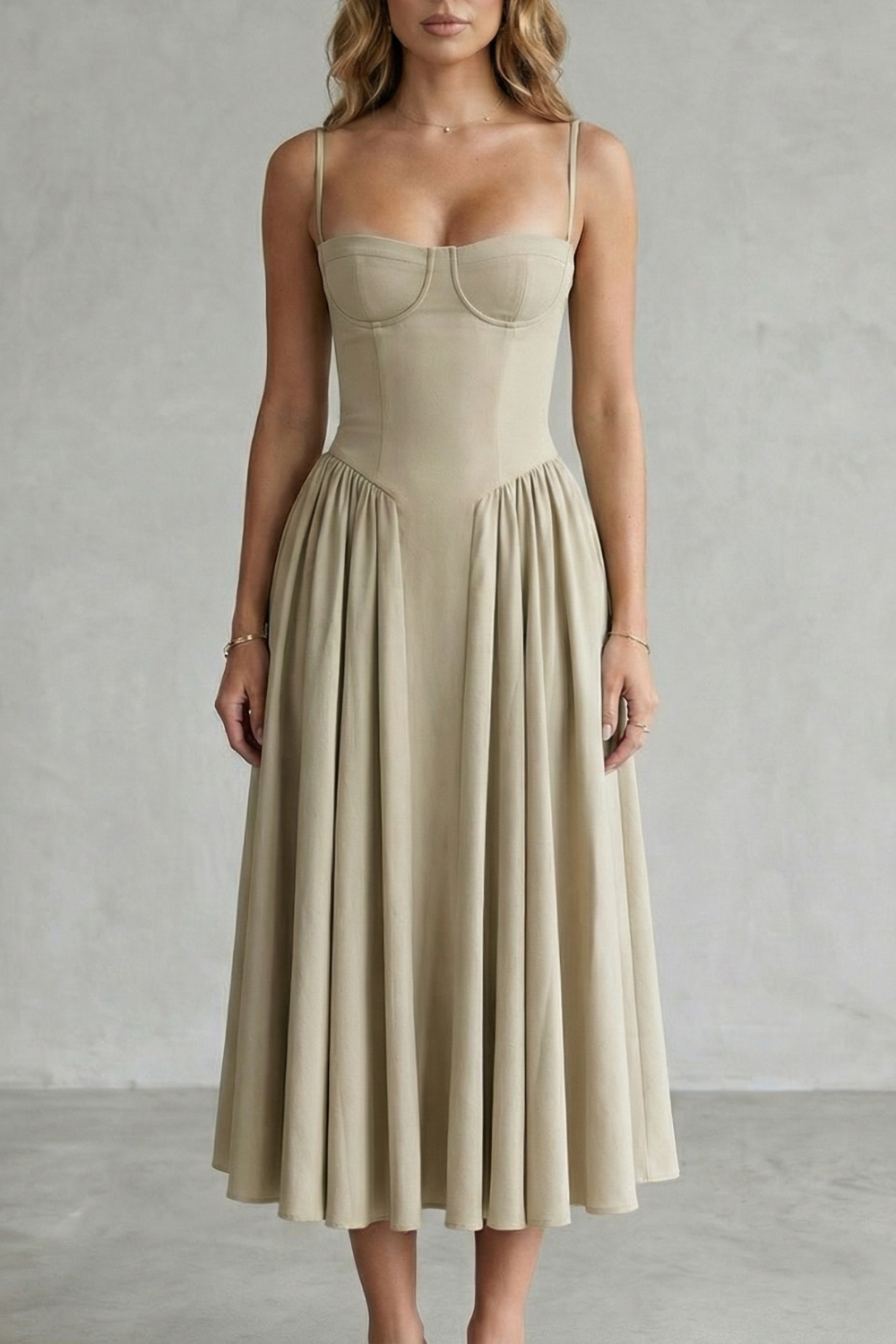 Imogen Hall | Sage Green Corset Midi Dress with Pleated Skirt