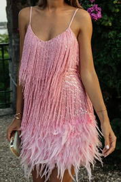 Phoebe Harrison | Emerald Sequin Feather Trim Mini Dress