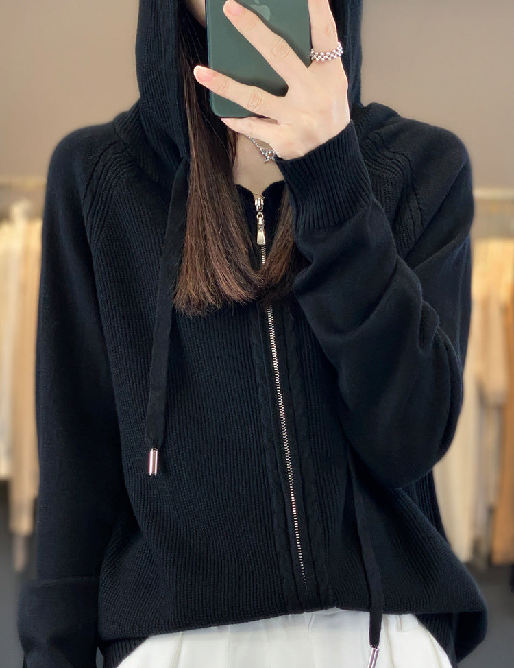 Harriet Turner | Gilet à capuche beige en maille torsadée, zippé