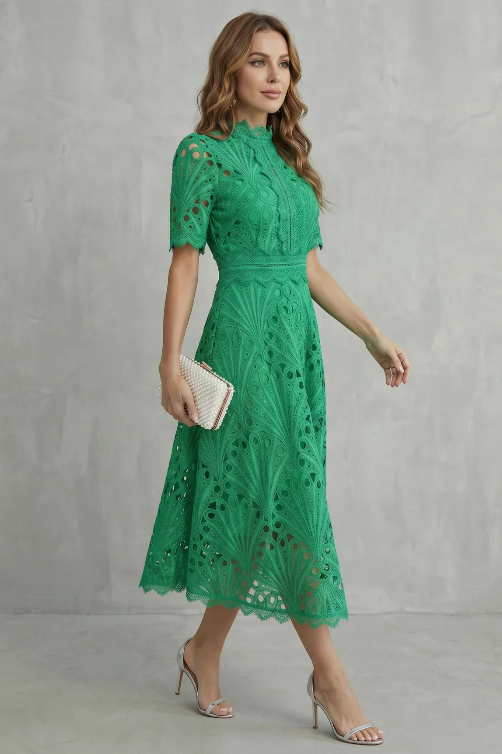 Cecily Hartwood | Hot Pink Lace High-Neck Midi Dress