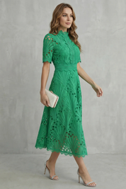 Cecily Hartwood | Hot Pink Lace High-Neck Midi Dress