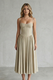 Imogen Hall | Sage Green Corset Midi Dress with Pleated Skirt