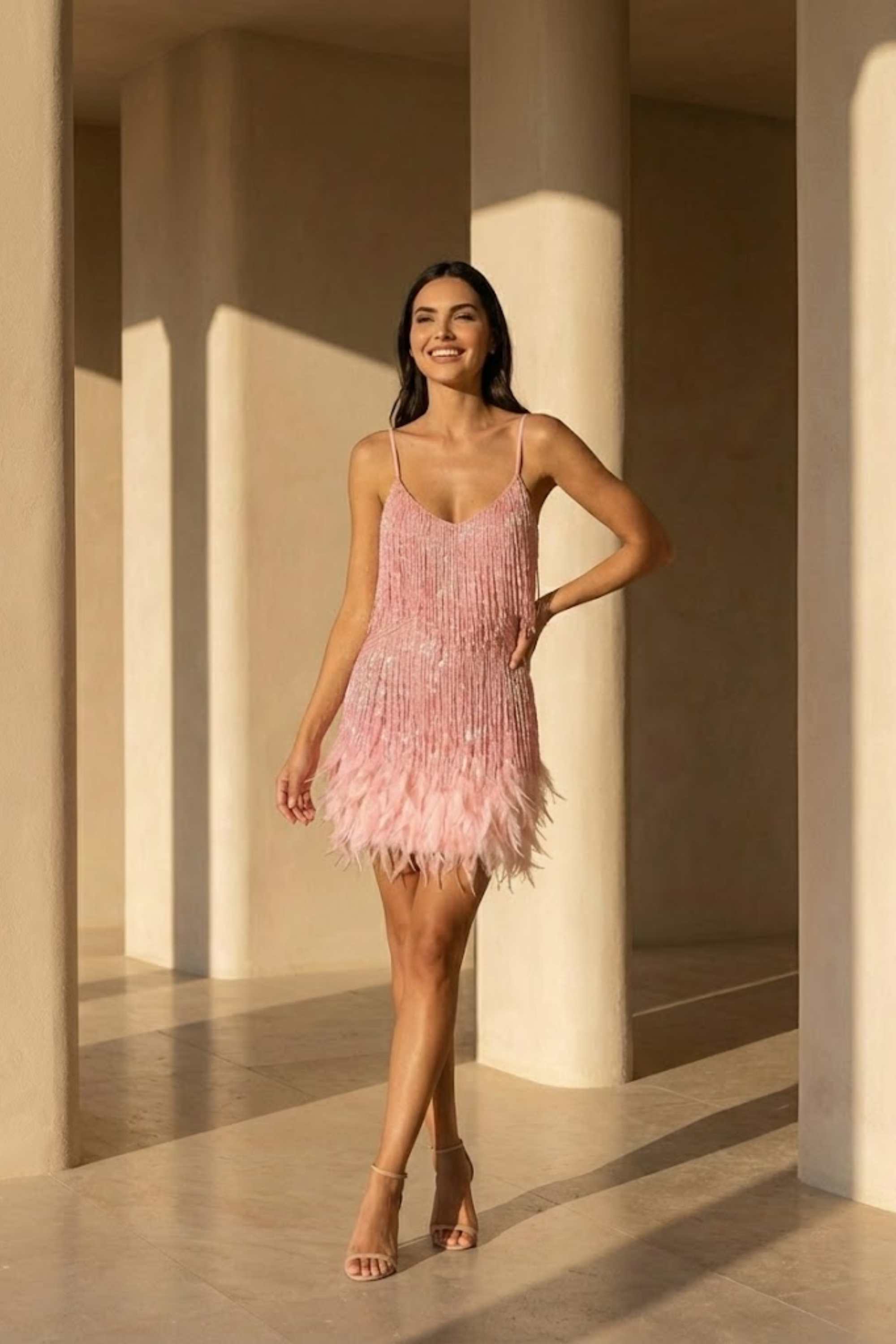 Phoebe Harrison | Emerald Sequin Feather Trim Mini Dress