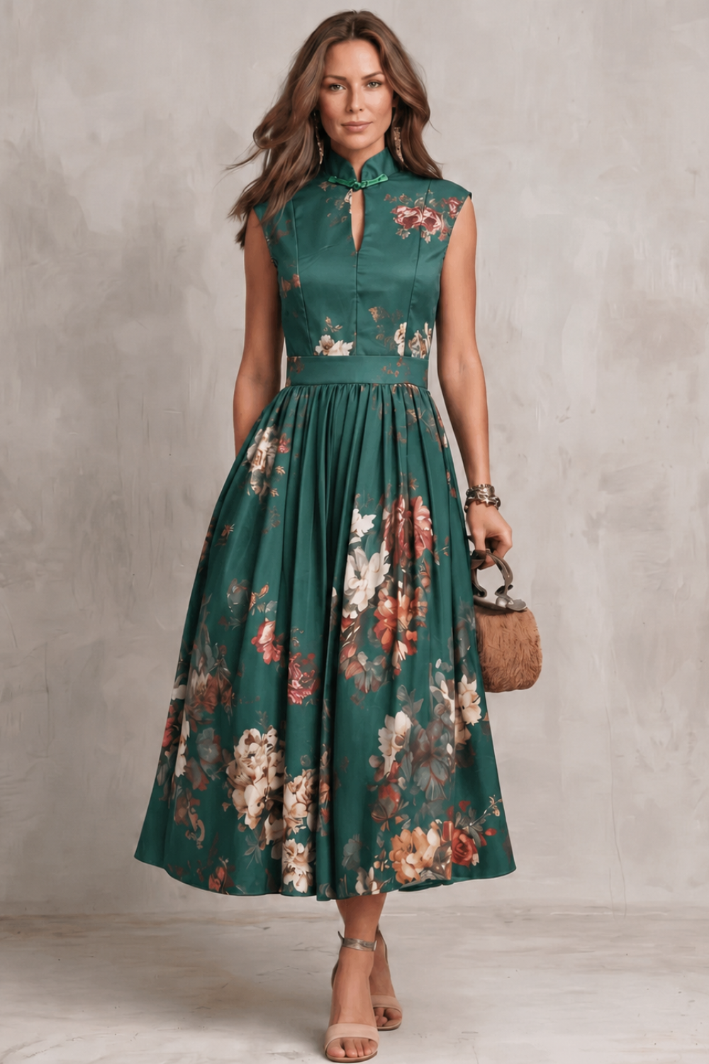 Iris Sutton | Robe midi satinée noire à motifs floraux avec encolure ajourée