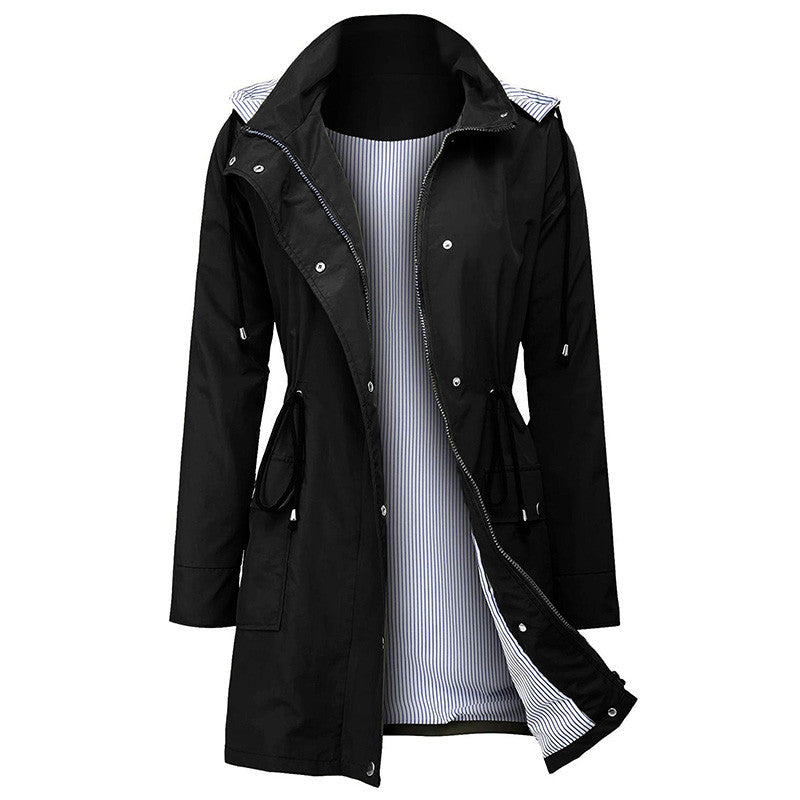 Grace Harrison | Hooded Drawstring Raincoat in Black, Khaki & Navy