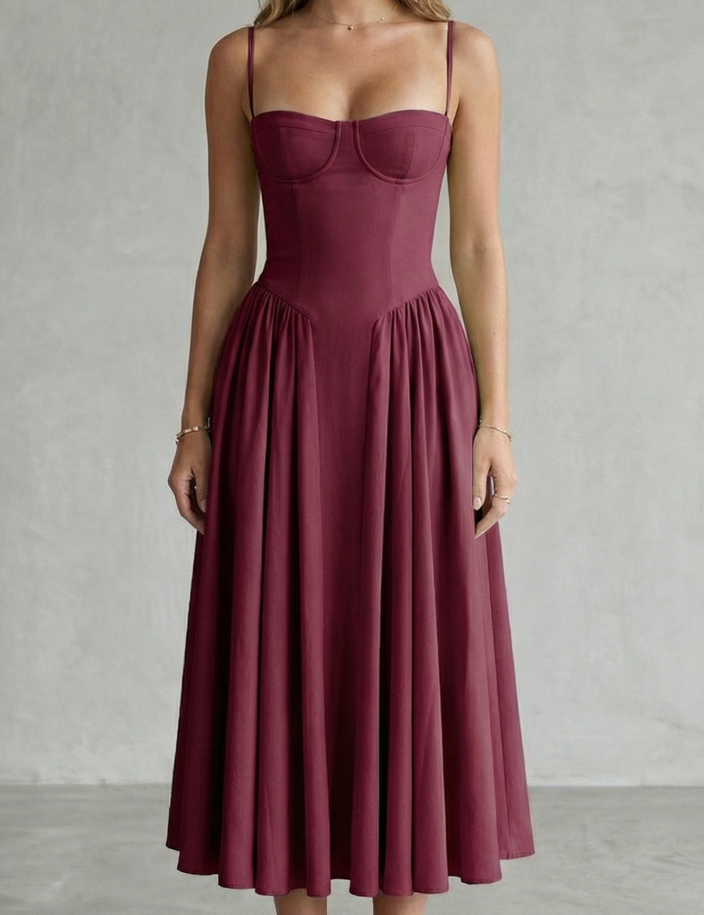 Imogen Hall | Sage Green Corset Midi Dress with Pleated Skirt