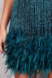 Phoebe Harrison | Emerald Sequin Feather Trim Mini Dress