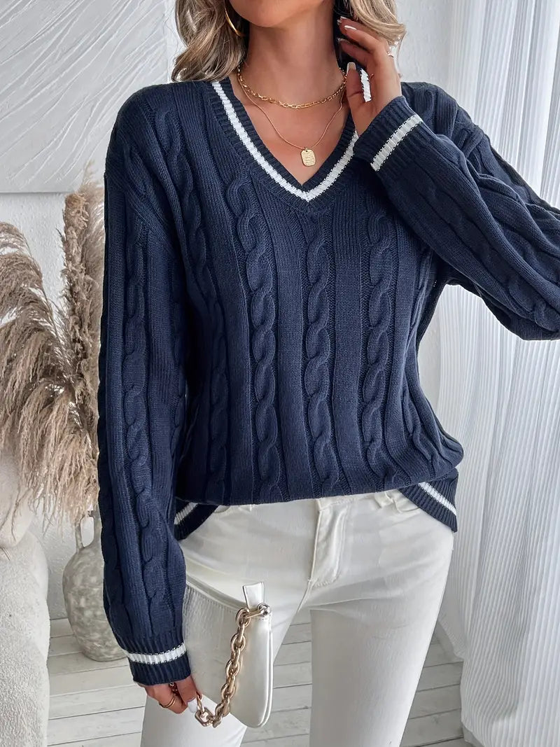 Lydia Campbell | Navy Cable Knit V-Neck Sweater