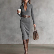 Rosie Clarke | Ribbed Knit V-Neck Midi Dress