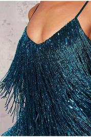 Phoebe Harrison | Emerald Sequin Feather Trim Mini Dress