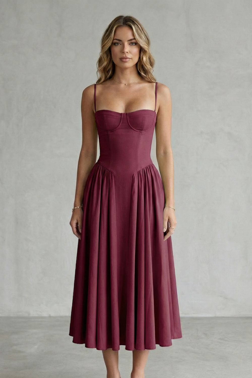Imogen Hall | Sage Green Corset Midi Dress with Pleated Skirt
