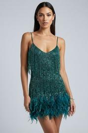 Phoebe Harrison | Emerald Sequin Feather Trim Mini Dress