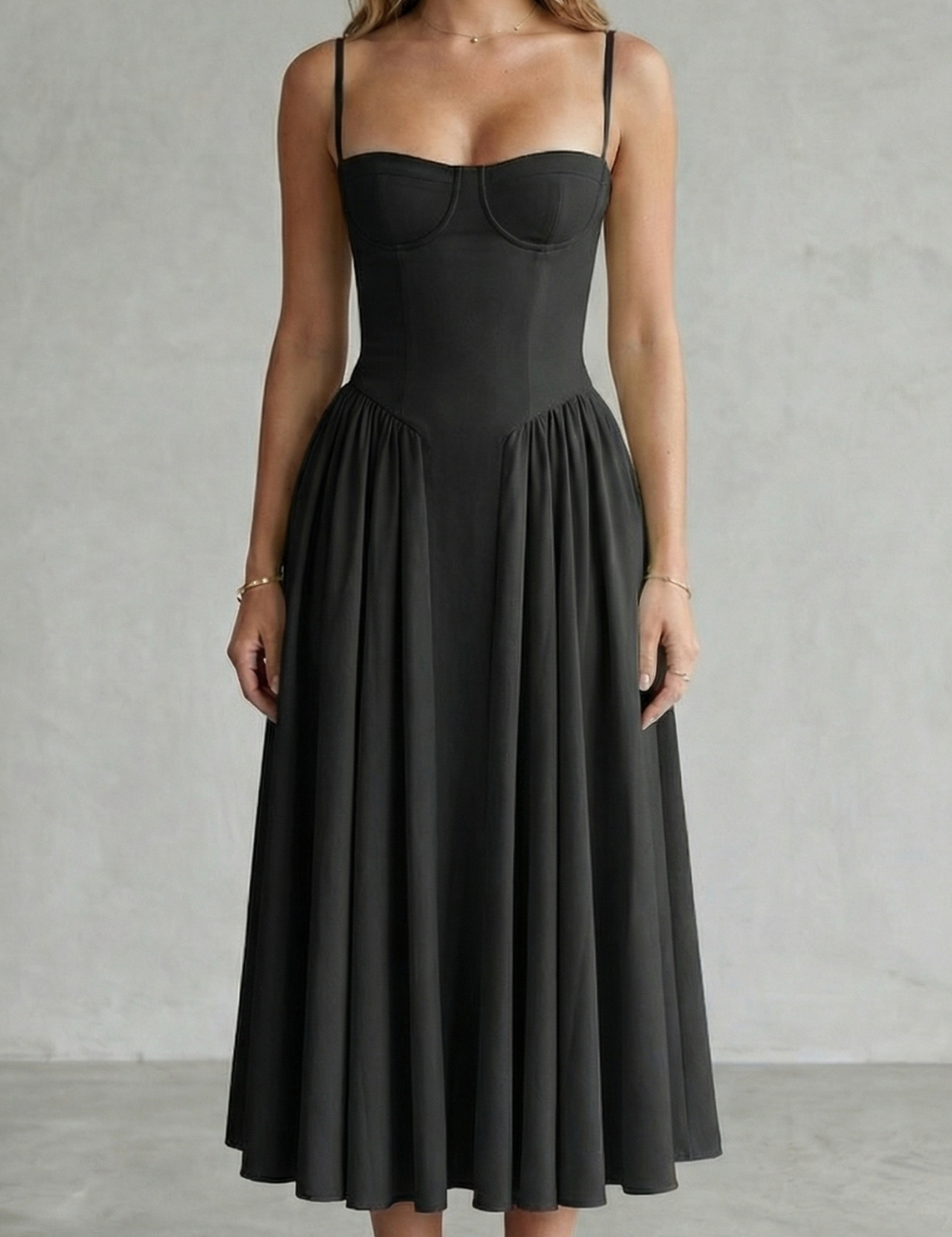 Imogen Hall | Sage Green Corset Midi Dress with Pleated Skirt