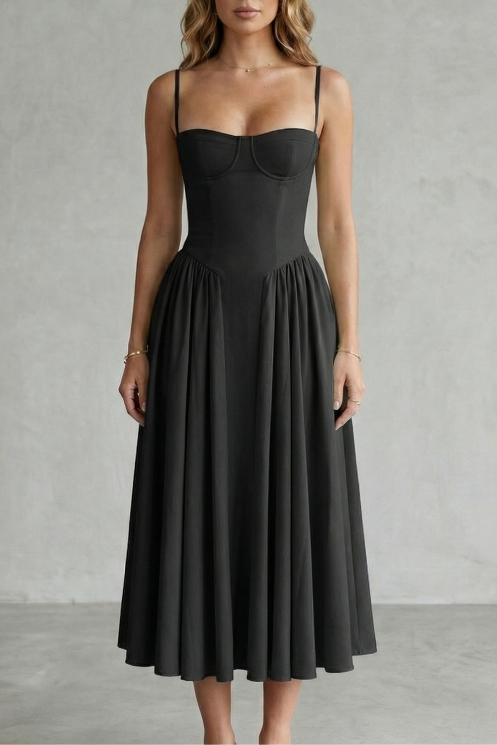 Imogen Hall | Sage Green Corset Midi Dress with Pleated Skirt