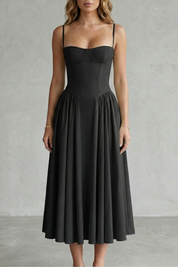 Imogen Hall | Sage Green Corset Midi Dress with Pleated Skirt