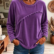 Daisy Wood | Velvet Tassel-Trim Round Neck Long Sleeve Top
