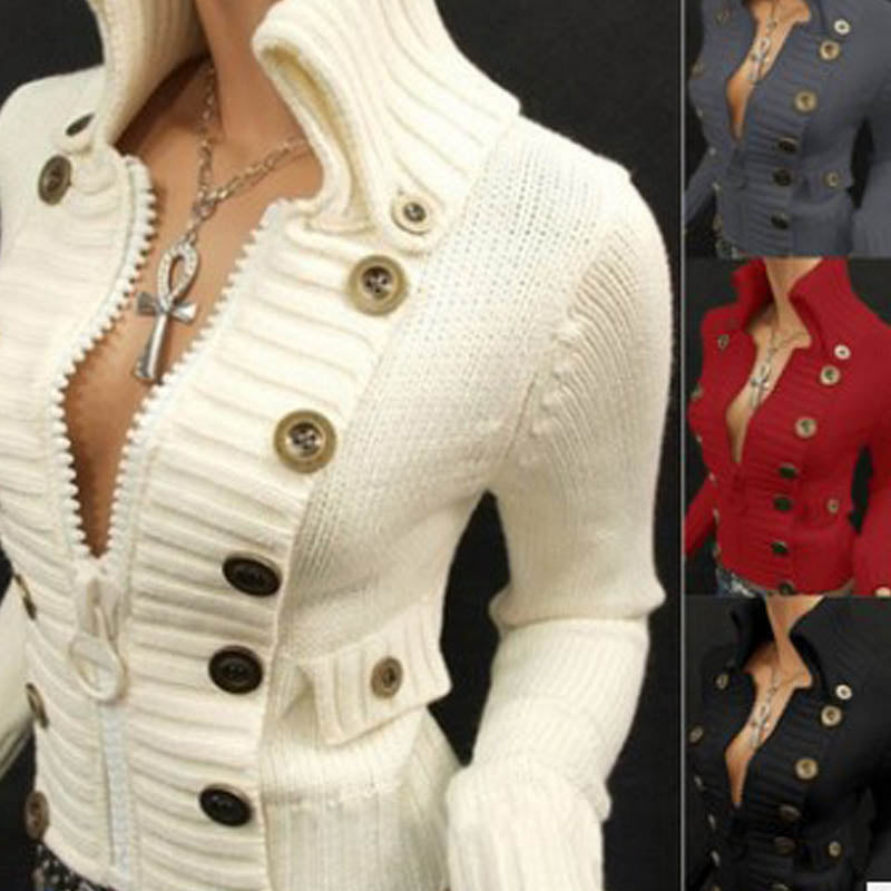 Freya Mackenzie | Ribbed Button-Front Stand Collar Cardigan