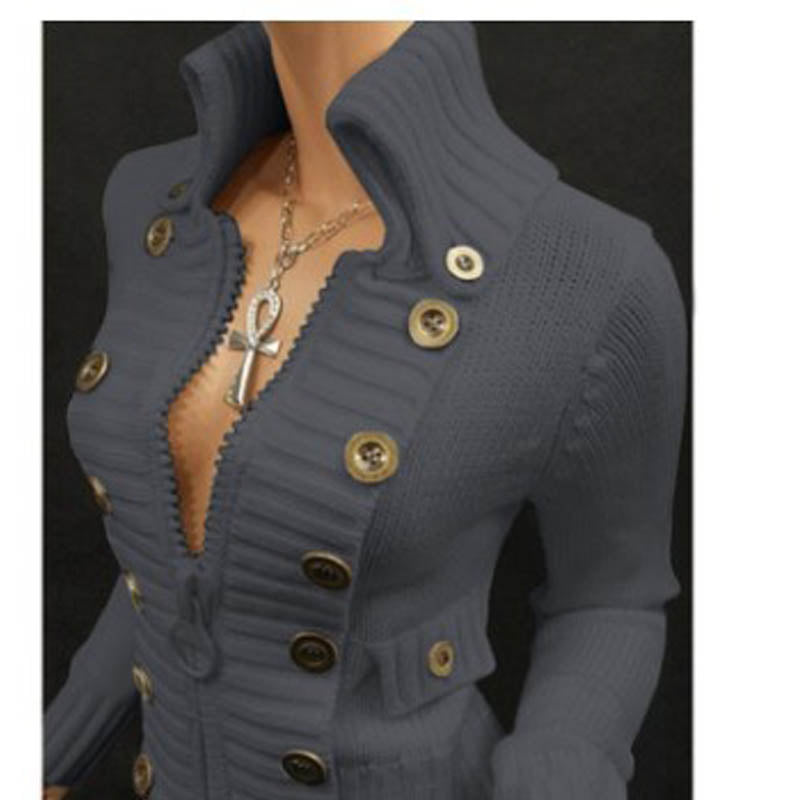Freya Mackenzie | Ribbed Button-Front Stand Collar Cardigan