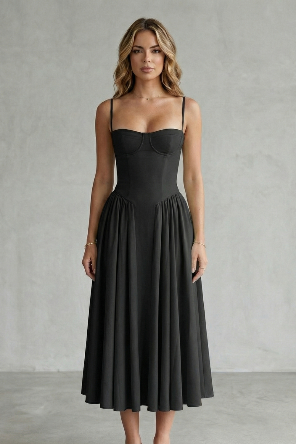Imogen Hall | Sage Green Corset Midi Dress with Pleated Skirt