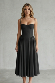 Imogen Hall | Sage Green Corset Midi Dress with Pleated Skirt