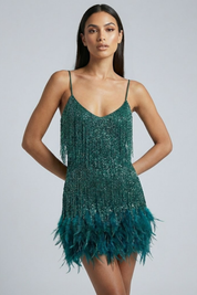 Phoebe Harrison | Emerald Sequin Feather Trim Mini Dress