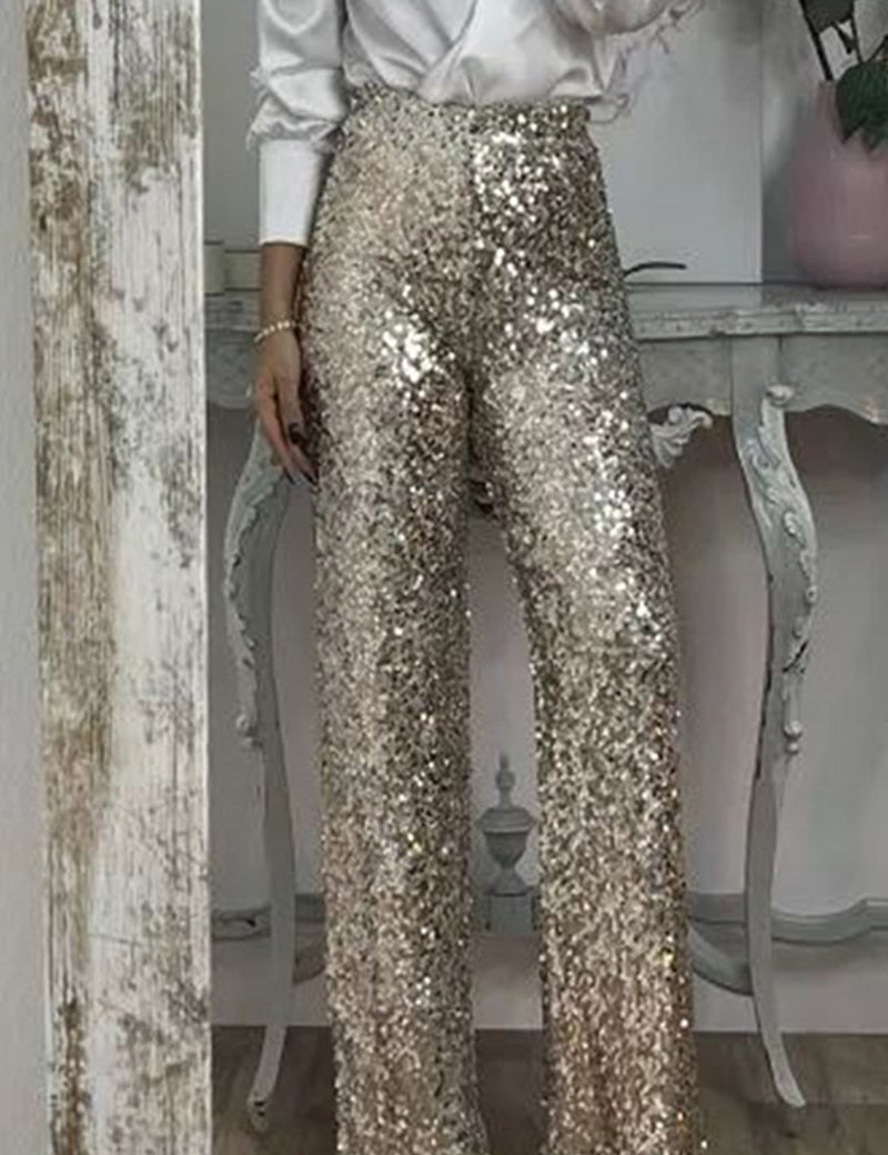 Lydia Baker | Pantalon de soirée vert à sequins, taille haute et jambes larges