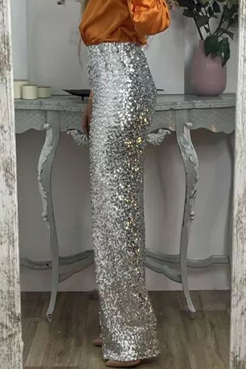 Lydia Baker | Green Sequin High-Waist Wide-Leg Party Trousers