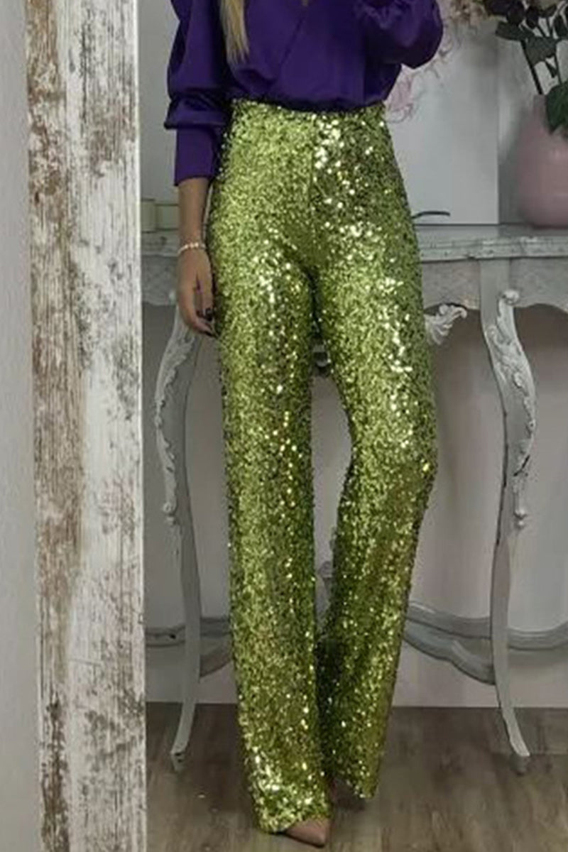 Lydia Baker | Green Sequin High-Waist Wide-Leg Party Trousers