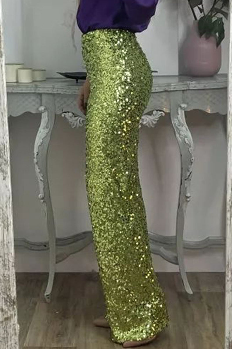 Lydia Baker | Green Sequin High-Waist Wide-Leg Party Trousers