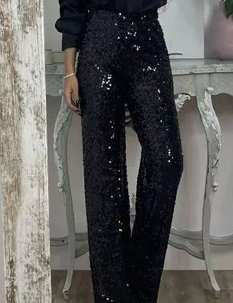 Lydia Baker | Pantalon de soirée vert à sequins, taille haute et jambes larges
