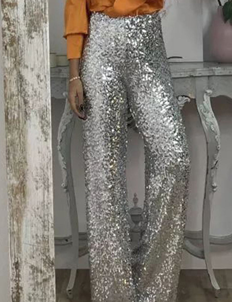 Lydia Baker | Pantalon de soirée vert à sequins, taille haute et jambes larges