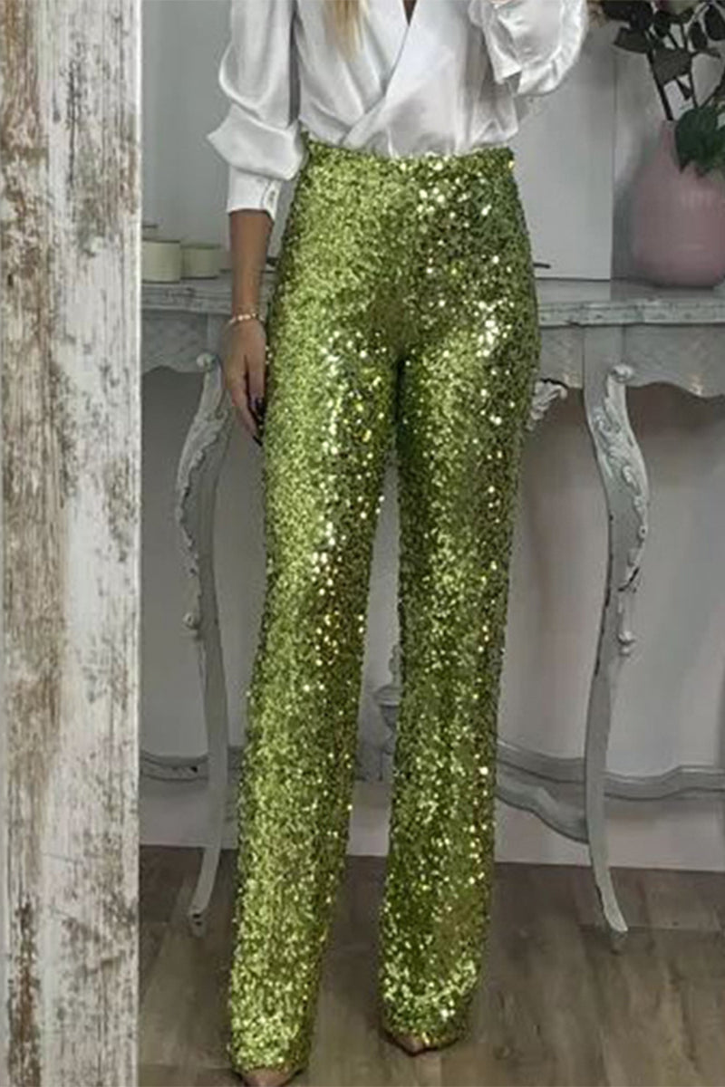 Lydia Baker | Green Sequin High-Waist Wide-Leg Party Trousers