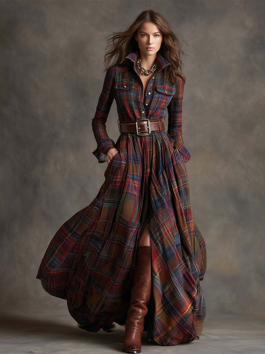 Cecily Hartwood | Robe-chemise longue à carreaux tartan verts avec ceinture